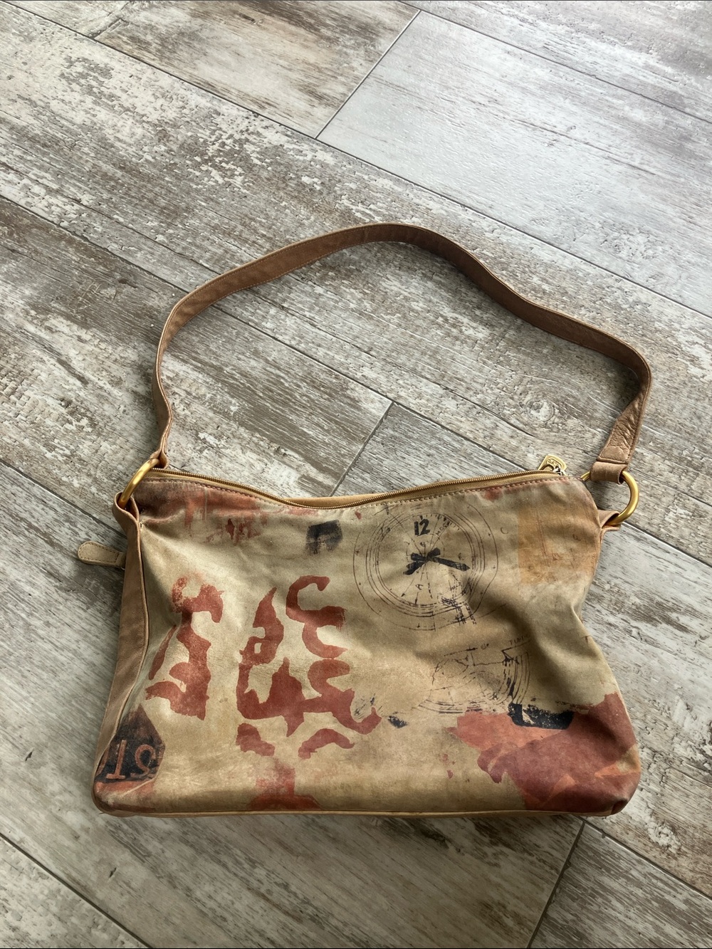 Leather/Suede Shoulder Bag in Tan with Rust Accents